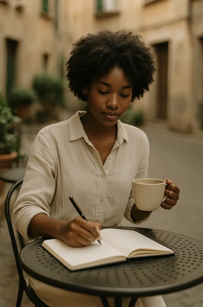 A solo traveler reflecting with a journal at an outdoor café, symbolizing the inner transformation that happens during intentional travel.